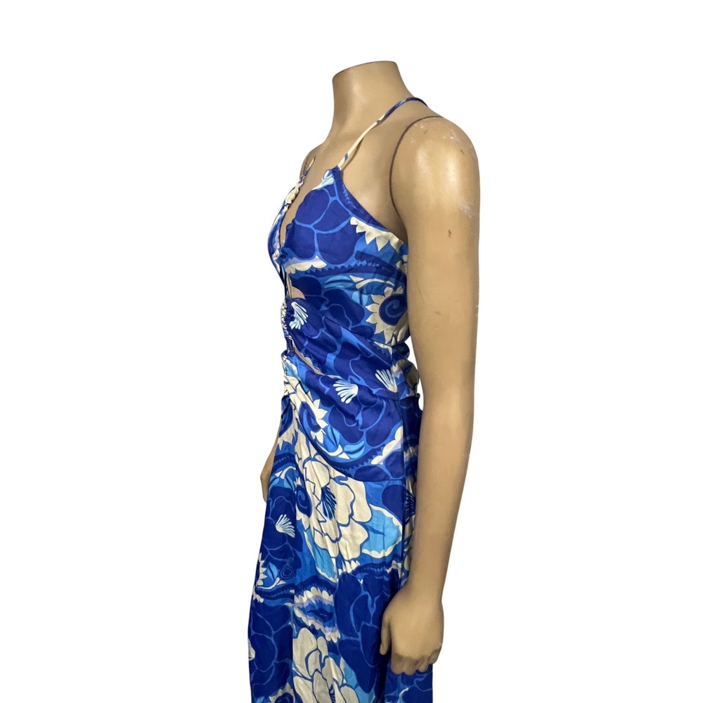 Farm Rio Blue Floral Cutout Halter Maxi Dress Tropical Print Boho Sleeveless | M - Picture 9 of 13
